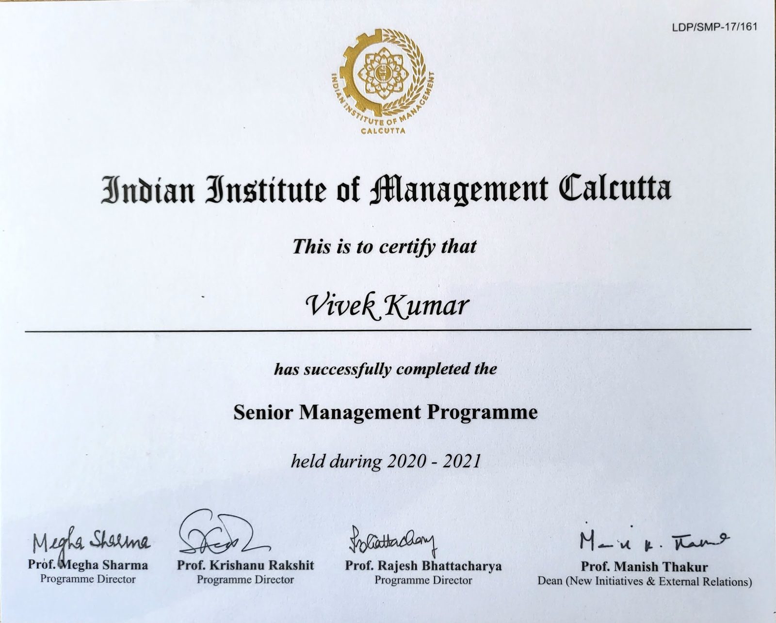 Indian Institute of Management Calcutta certificate for the Senior Management Programme, 2020 to 2021, awarded to Vivek Kumar