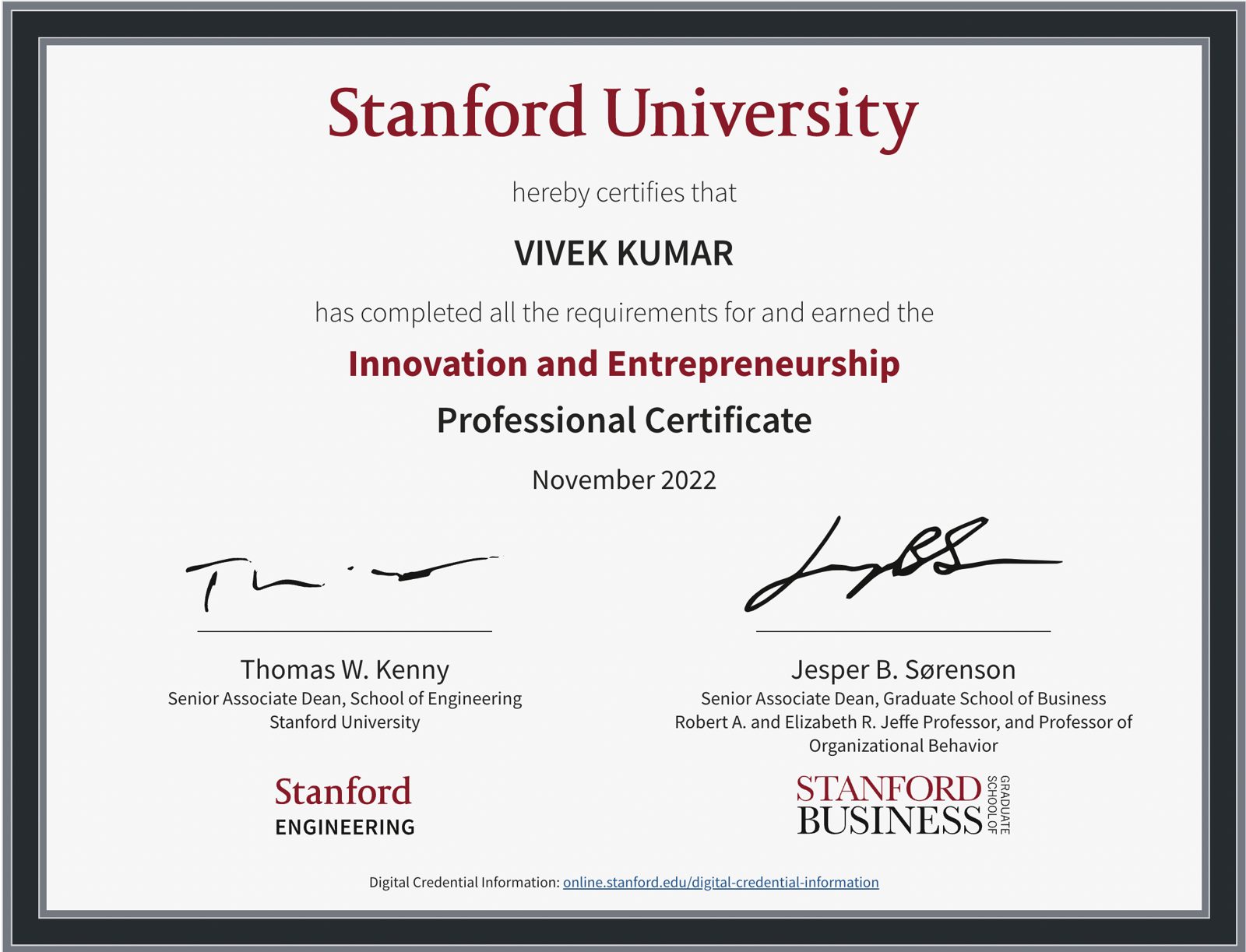 Stanford University Innovation and Entrepreneurship Professional Certificate awarded to Vivek Kumar, November 2022