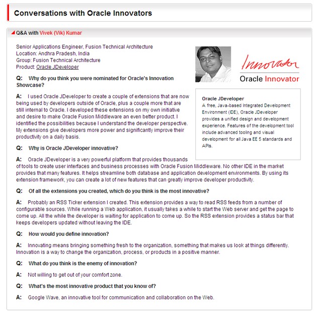 Conversations with Oracle Innovators: Q&A with Vivek Kumar, Oracle Innovator, on his Oracle JDeveloper extensions