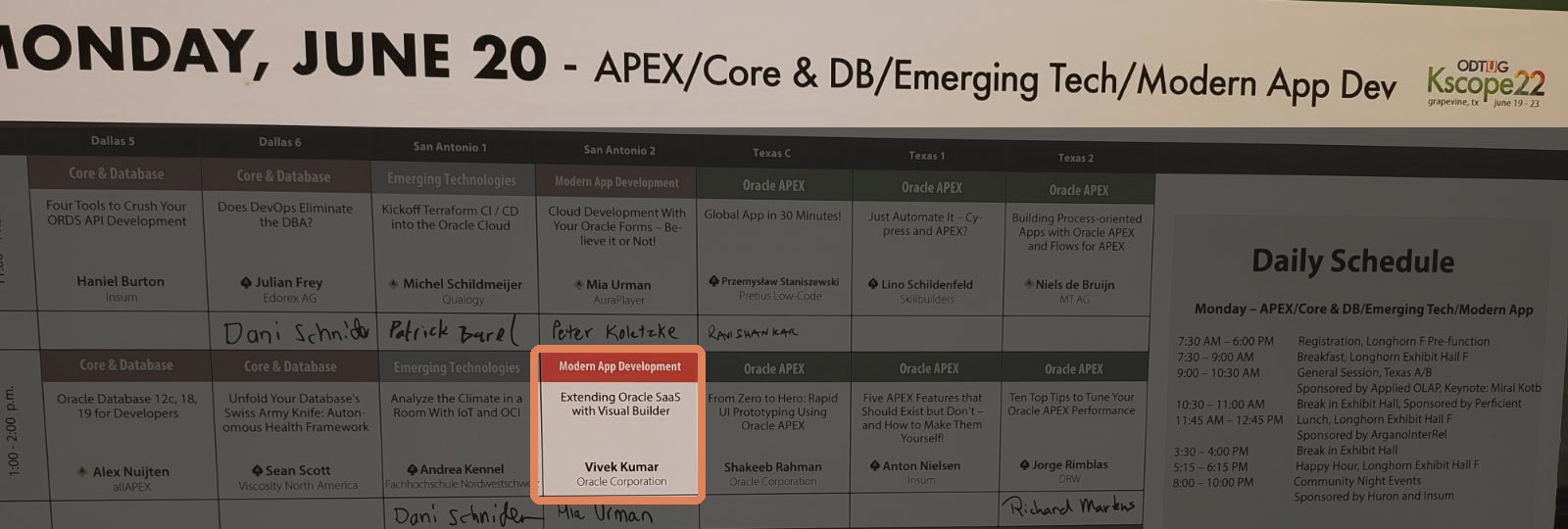 ODTUG Kscope22 schedule board for Monday, June 20, 2022, with Vivek Kumar's session, Extending Oracle SaaS with Visual Builder, highlighted